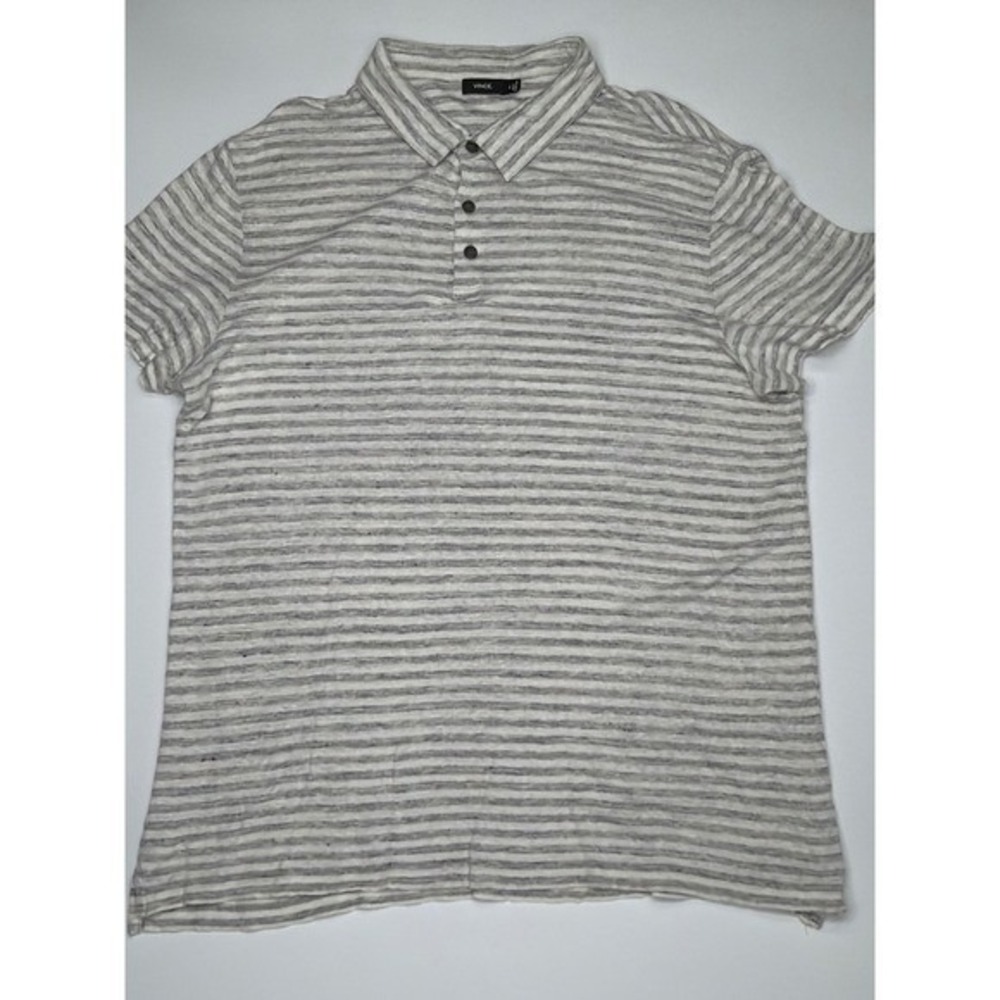VINCE Men's Gray White Short Sleeve Striped 100% Linen Knit Polo Shirt Size XL